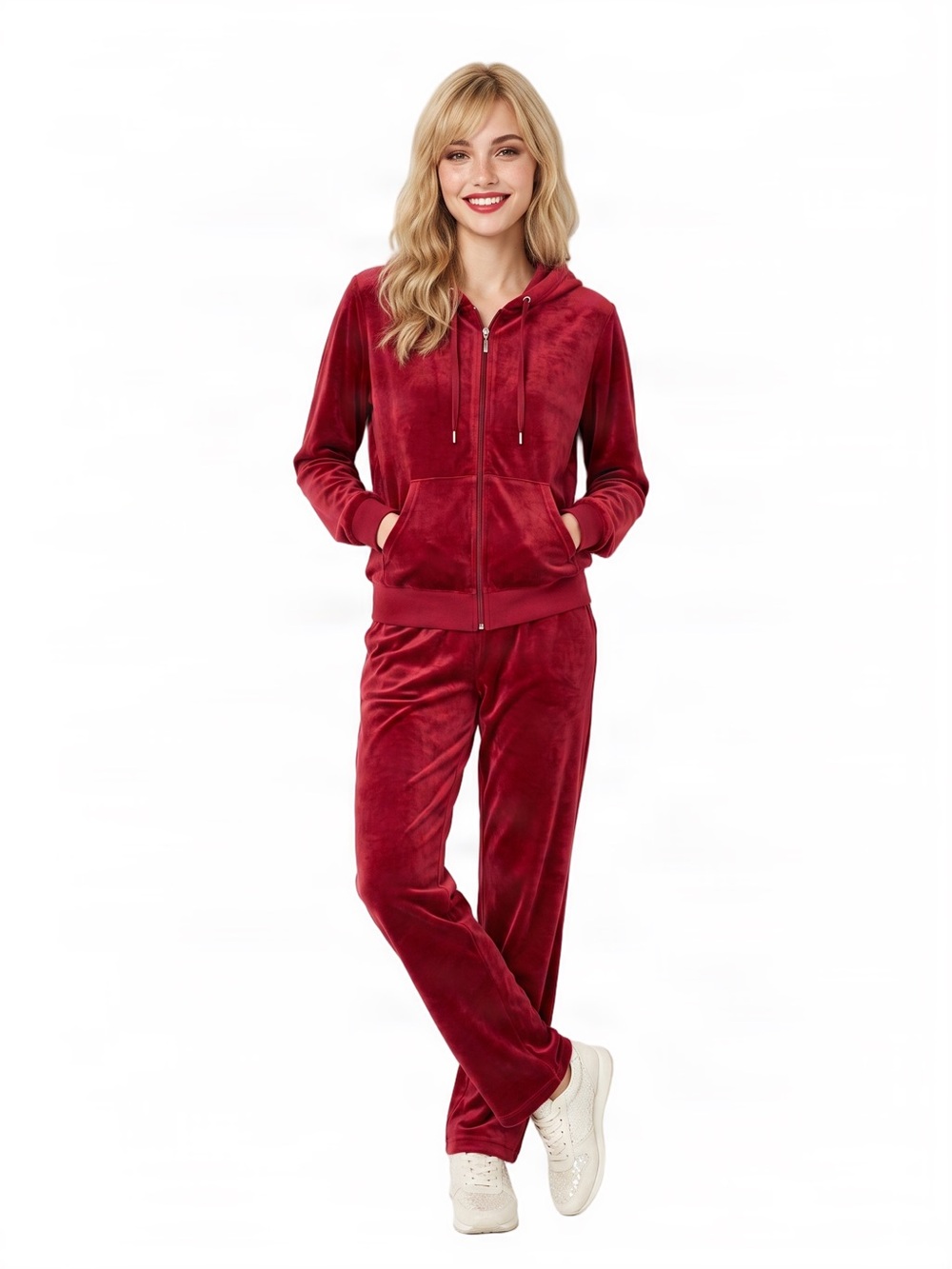 TRACKSUIT Red Velour Zip Hoodie & Drawstring Sweatpants Soft Lux Chic Streetwear - Picture 12 of 14